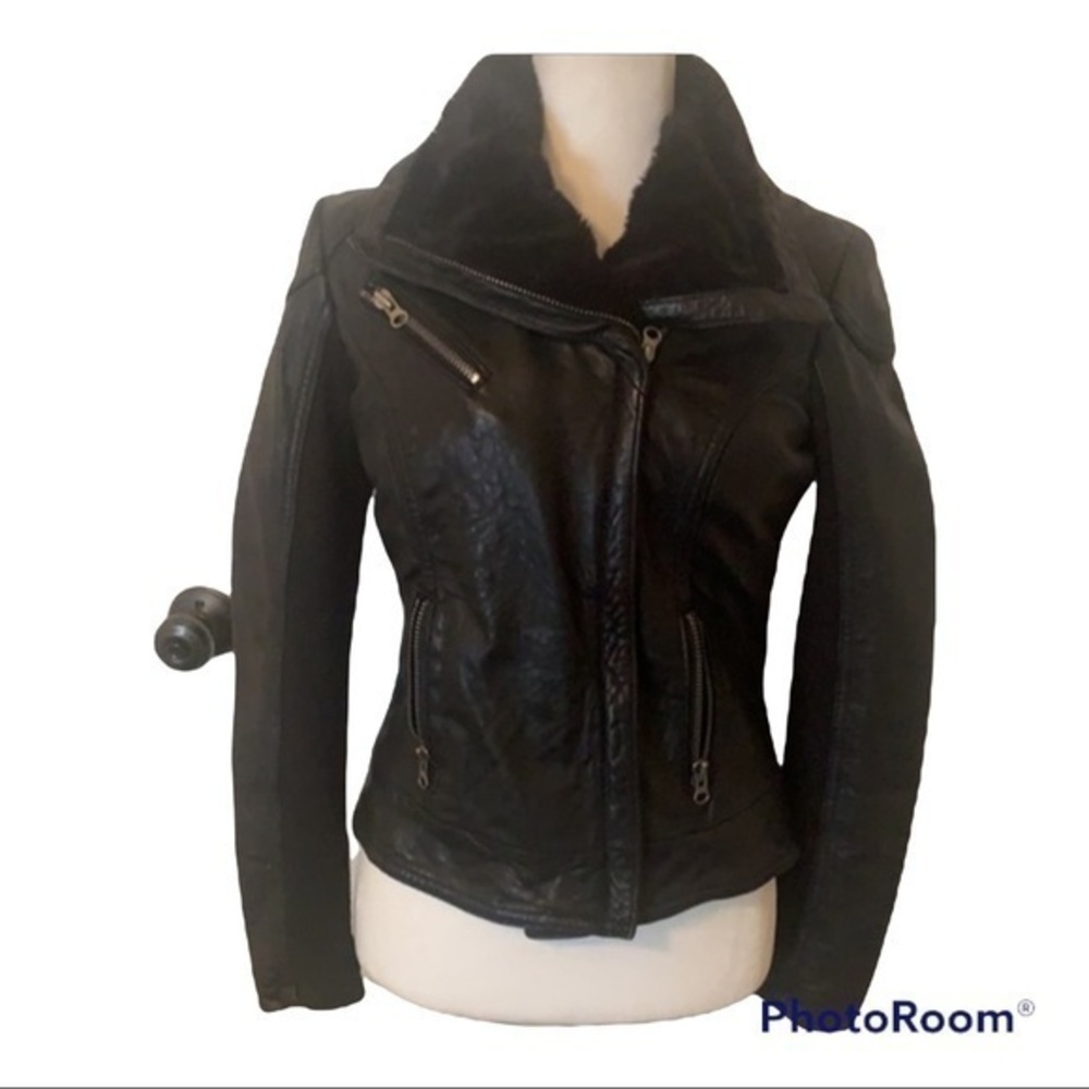 Aqua black leather Moto jacket lined in faux fur in size small